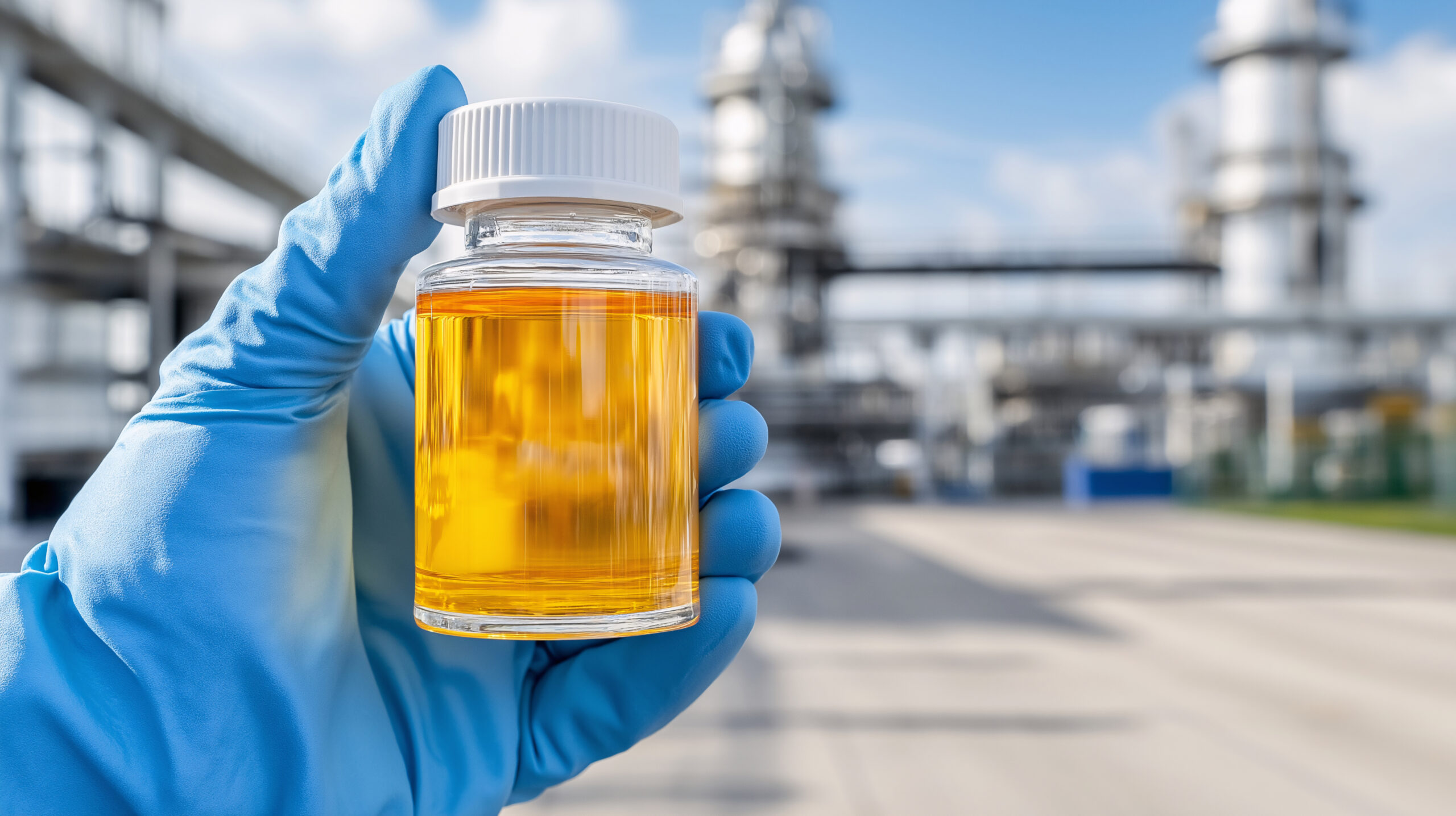 Hand Holding Sample Bottle of Yellow Oil in Front of Industrial Plant