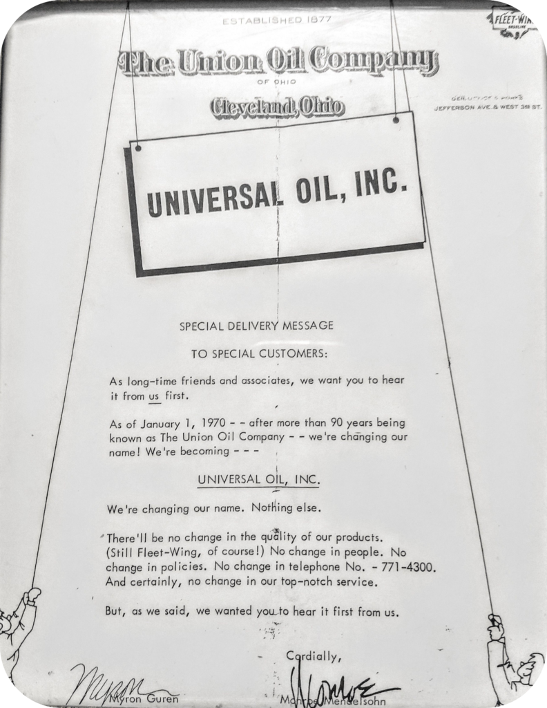 Image of our name change to Universal Oil announcement flyer